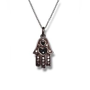 Sterling pave black & white diamonds, Heart accents, Hamsa hand necklace.